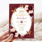 Quinceañera Burgundy Blush Flower Butterflies Kaart
