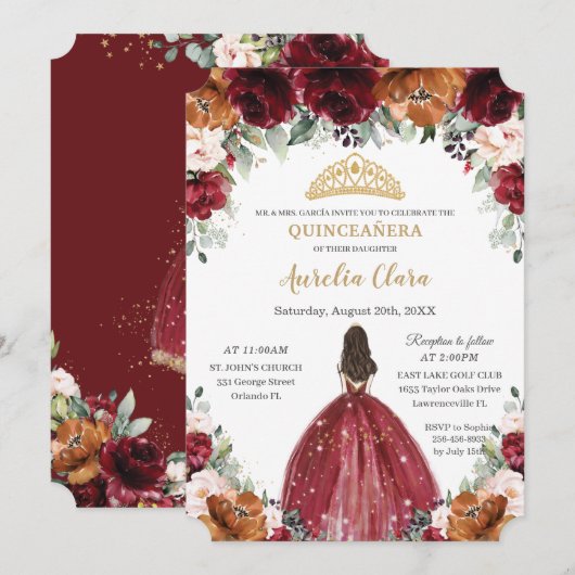 Quinceañera Burgundy Blush Rust Floral Princess Kaart (Voorkant / Achterkant)