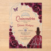 Quinceanera Burgundy Dress Floral Acryl Uitnodigingen (Voorkant)