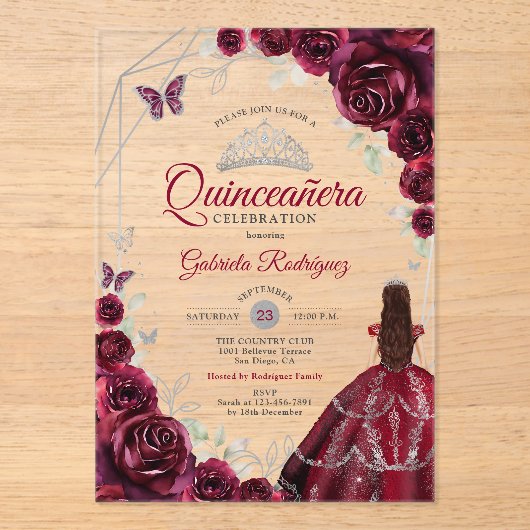 Quinceanera Burgundy Dress Floral Acryl Uitnodigingen (Voorkant)