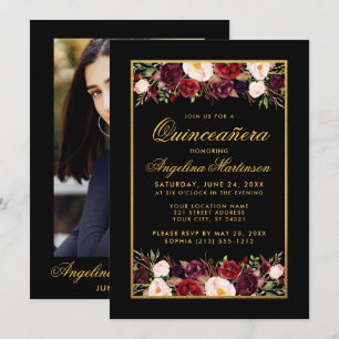 Quinceanera Burgundy Floral Black Gold Photo Kaart