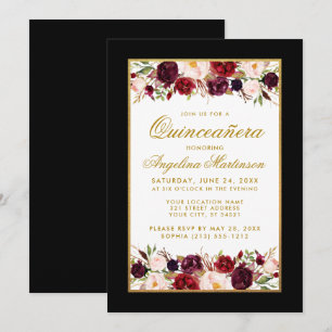 Quinceanera Burgundy Floral Black White Kaart