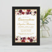 Quinceanera Burgundy Floral Black White Kaart (Staand voorkant)