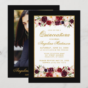 Quinceanera Burgundy Floral Black White Kaart