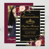 Quinceanera Burgundy Floral Crown Stripes Foto Kaart (Voorkant / Achterkant)