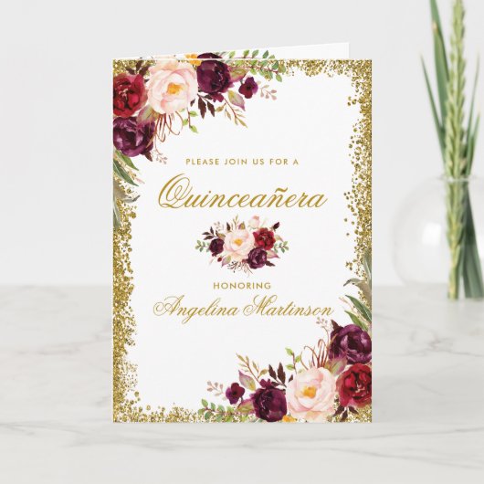 Quinceanera Burgundy Floral Foto Glitter Folded Kaart (Voorkant)