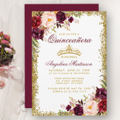 Quinceanera Burgundy Floral Gold Crown Invite B Kaart