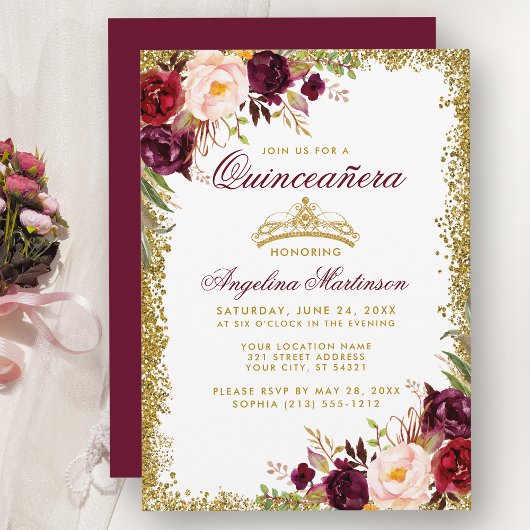 Quinceanera Burgundy Floral Gold Crown Invite B Kaart