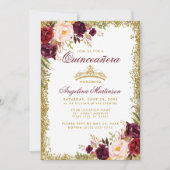 Quinceanera Burgundy Floral Gold Crown Invite B Kaart (Voorkant)
