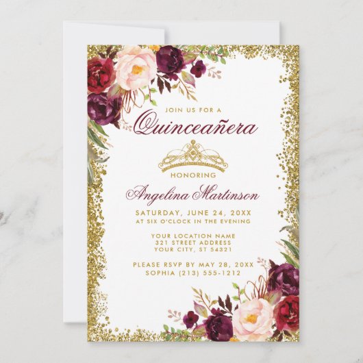 Quinceanera Burgundy Floral Gold Crown Invite B Kaart (Voorkant)