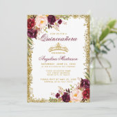Quinceanera Burgundy Floral Gold Crown Invite B Kaart (Staand voorkant)