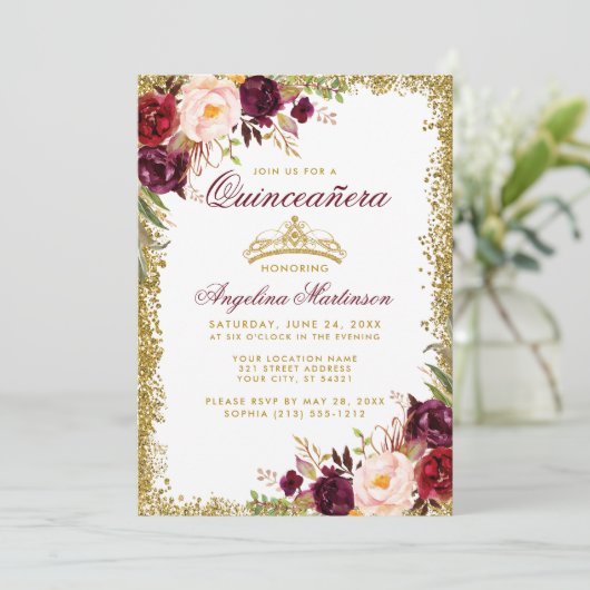 Quinceanera Burgundy Floral Gold Crown Invite B Kaart (Staand voorkant)