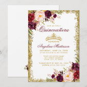 Quinceanera Burgundy Floral Gold Crown Invite Kaart (Voorkant / Achterkant)