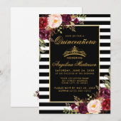 Quinceanera Burgundy Floral Gold Crown Stripes Kaart (Voorkant / Achterkant)