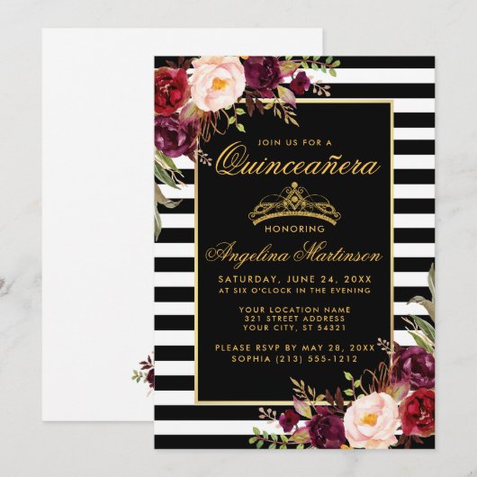 Quinceanera Burgundy Floral Gold Crown Stripes Kaart (Voorkant / Achterkant)