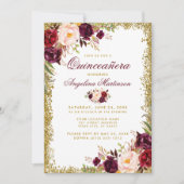 Quinceanera Burgundy Floral Gold Glitter Invite B Kaart (Voorkant)