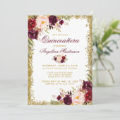 Quinceanera Burgundy Floral Gold Glitter Invite B Kaart (Staand voorkant)