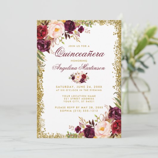 Quinceanera Burgundy Floral Gold Glitter Invite B Kaart (Staand voorkant)