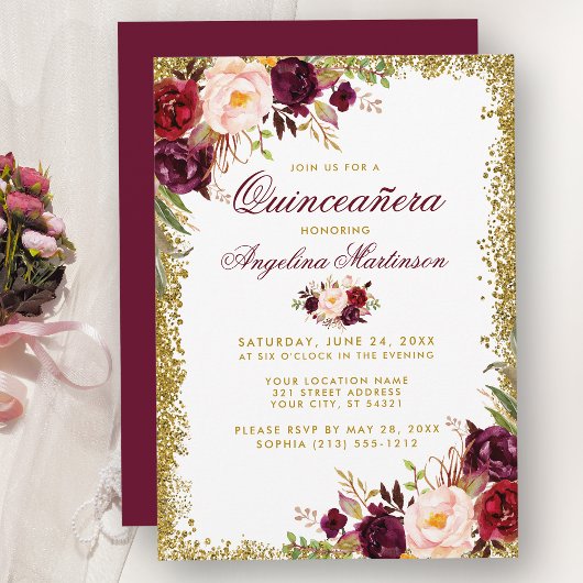 Quinceanera Burgundy Floral Gold Glitter Invite B Kaart