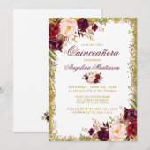 Quinceanera Burgundy Floral Gold Glitter Invite Kaart (Voorkant / Achterkant)