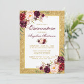 Quinceanera Burgundy Floral Gold Glitter Kaart (Staand voorkant)