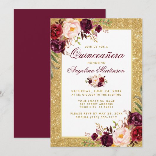 Quinceanera Burgundy Floral Gold Glitter Kaart (Voorkant / Achterkant)