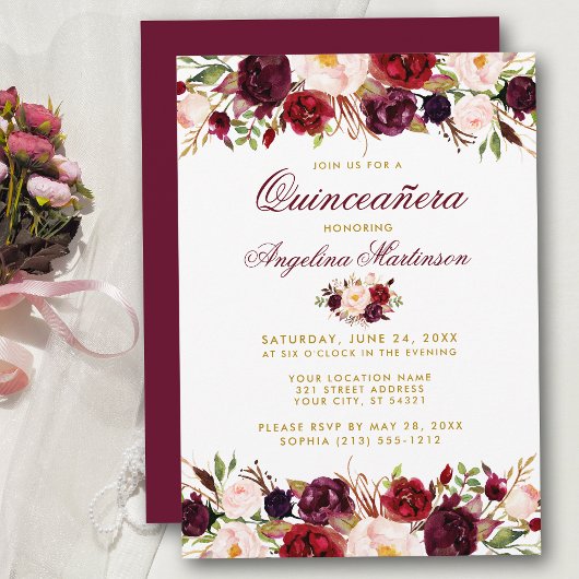 Quinceanera Burgundy Floral Gold Kaart