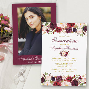 Quinceanera Burgundy Floral Gold Photo Kaart