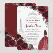 Quinceañera Burgundy Floral Paris Eiffel Princess Kaart (Voorkant / Achterkant)