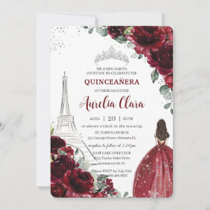 Quinceañera Burgundy Floral Paris Eiffel Princess Kaart