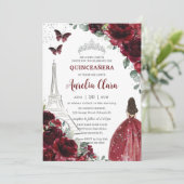 Quinceañera Burgundy Floral Paris Eiffel Princess Kaart (Staand voorkant)