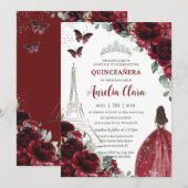 Quinceañera Burgundy Floral Paris Eiffel Princess Kaart (Voorkant / Achterkant)