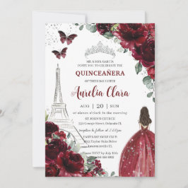Quinceañera Burgundy Floral Paris Eiffel Princess Kaart