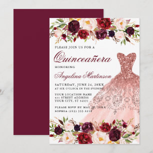 Quinceanera Burgundy Floral Pink Glitter Dress Kaart