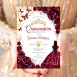 Quinceanera Burgundy Gold Floral Kaart<br><div class="desc">Burgundy,  gold and white Quinceanera celebration invitation. Features brunette girl in ball gown dress,  script font,  gold butterflies,  watercolor roses and tiara. Perfect for an elegant princess style glam celebration. Personalize with your own details. Printed Zazzle invitations or instant download digital printable template.</div>