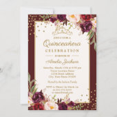 Quinceanera Burgundy Gold floral Sparkle Invite Kaart (Voorkant)