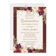 Quinceanera Burgundy Gold floral Sparkle Invite