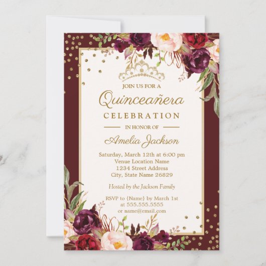 Quinceanera Burgundy Gold floral Sparkle Invite Kaart (Voorkant)