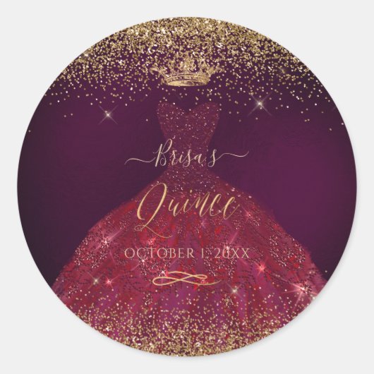 Quinceanera Burgundy Gold Glitter Princess Crown Ronde Sticker (Voorkant)