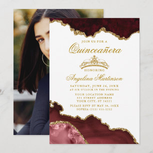 Quinceanera Burgundy Gold Marble Crown Photo Kaart