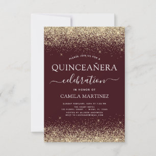 Quinceanera Burgundy Gold Modern Glitter Sparkle Kaart