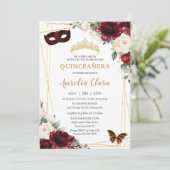 Quinceañera Burgundy Ivory Floral Butterflies Mask Kaart (Staand voorkant)