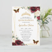 Quinceañera Burgundy Ivory White Floral Butterfly Kaart (Staand voorkant)