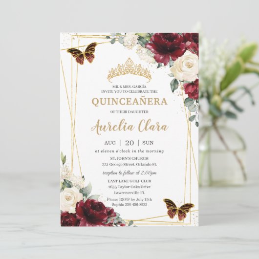 Quinceañera Burgundy Ivory White Floral Butterfly Kaart (Staand voorkant)