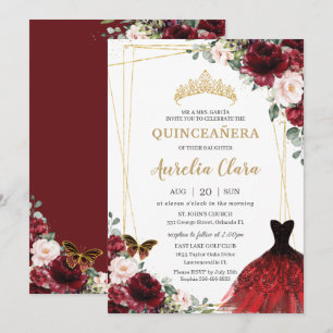 Quinceañera Burgundy Pink Floral Princess Gown Kaart