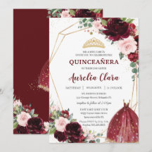 Quinceañera Burgundy Pink Floral Rozen Ball Gown