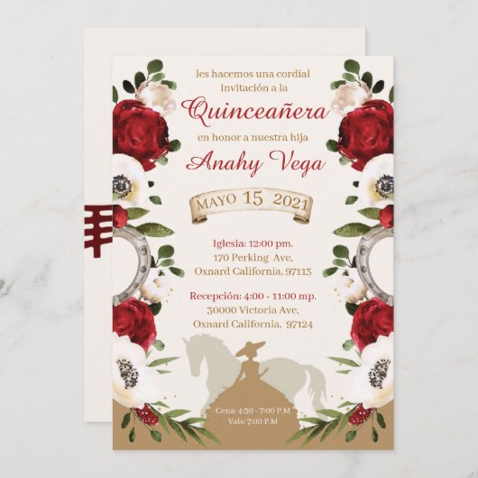 Quinceanera Burgundy Red Charra, Charro Western Save The Date (Voorkant / Achterkant)