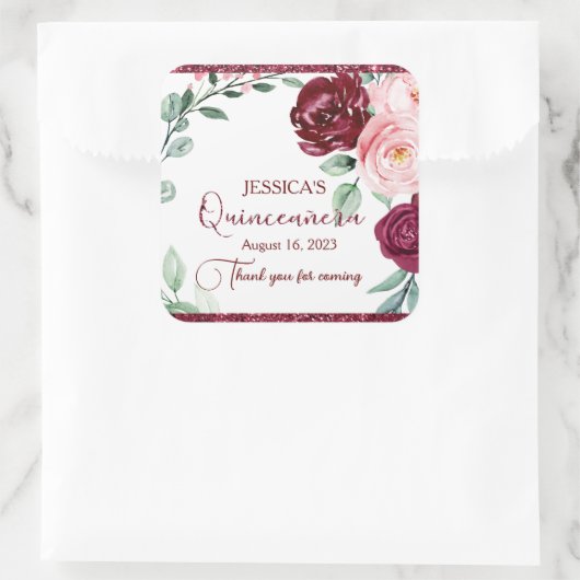Quinceanera Burgundy Red Floral Glitter Sticker (Tas)