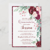Quinceanera Burgundy Red Floral Glitter Uitnodigin Kaart (Voorkant)