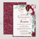 Quinceanera Burgundy Red Floral Glitter Uitnodigin Kaart (Voorkant / Achterkant)